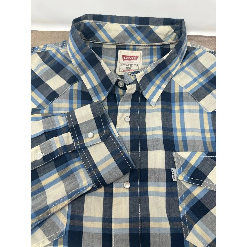 Levi's Men's 2XL Pearl Snap Button Long Sleeve Blue Plaid Western Shirt